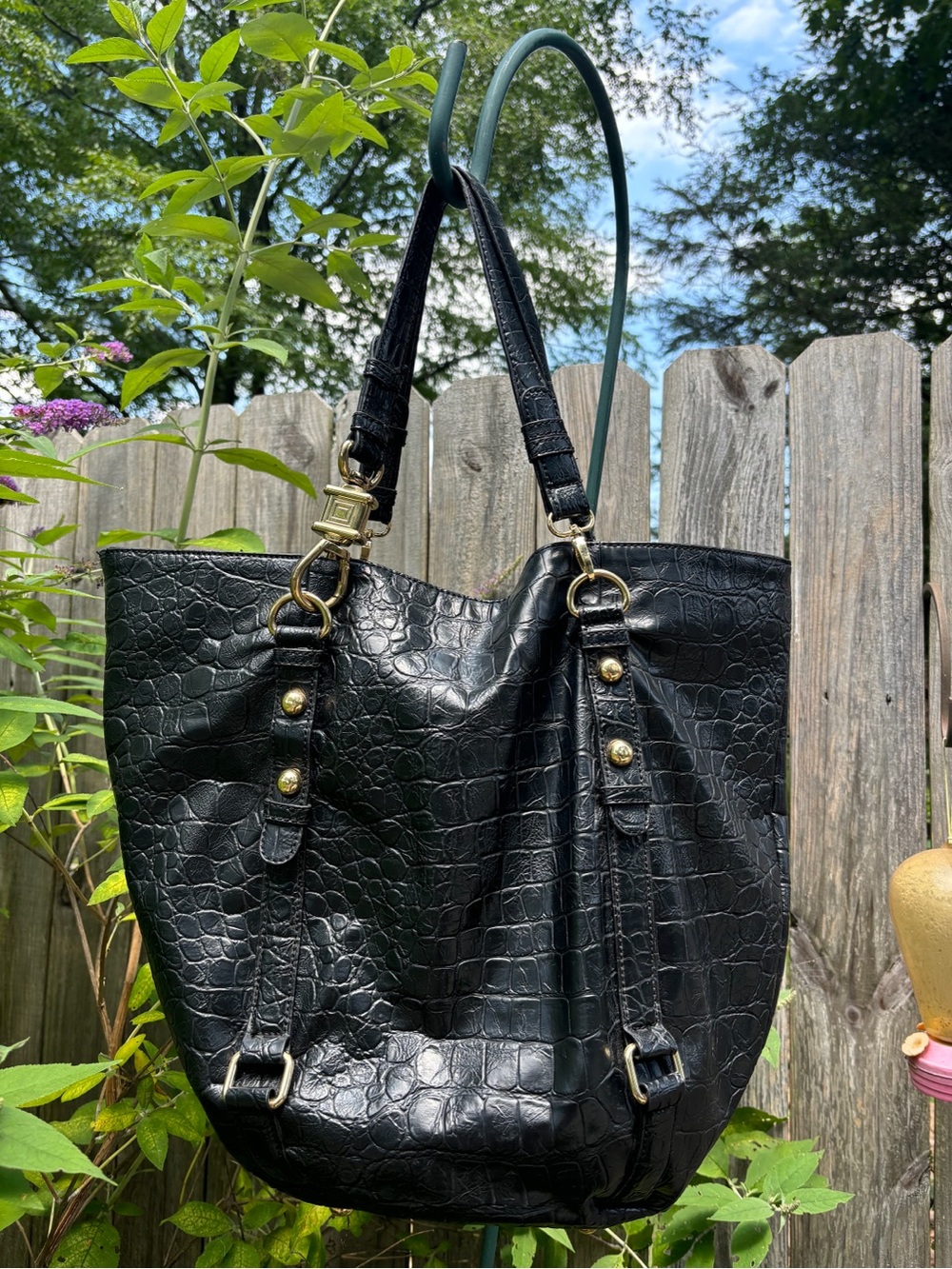 Steven By Steve Madden Black Croc-Embossed Leather Tote with Gold Hardware